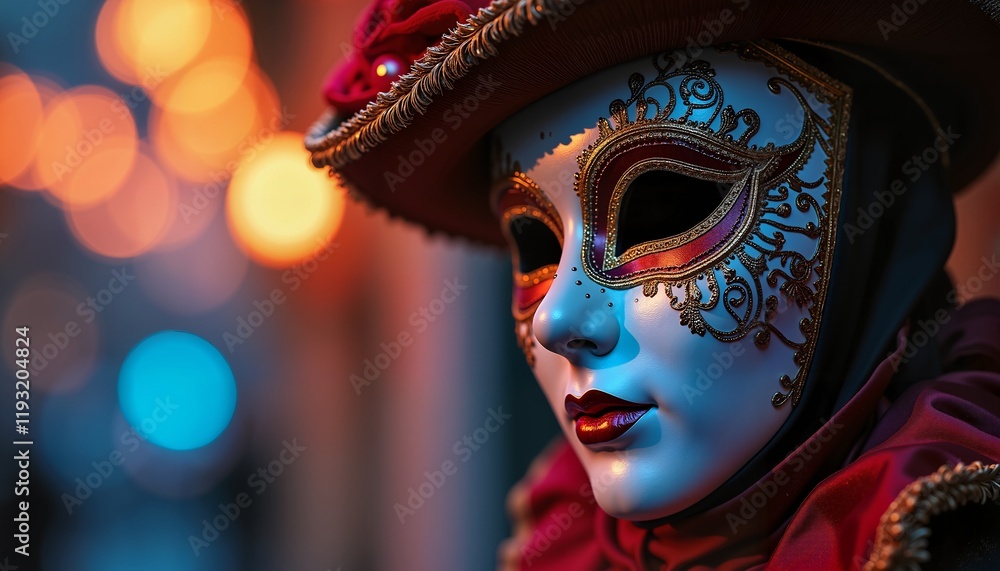 Mysterious masked figure with intricate designs at night, perfect for carnival promotions Mysterious masked figure with intricate designs at night, perfect for carnival promotions