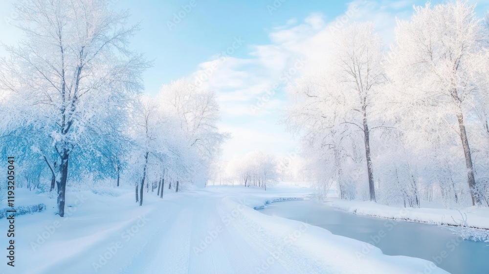 A snow-covered road flanked by frosty trees under a hazy blue sky A snow-covered road flanked by frosty trees under a hazy blue sky