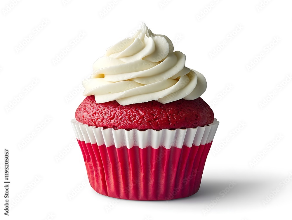 A charming red cupcake with smooth white cream on top isolated on a pure white background A charming red cupcake with smooth white cream on top isolated on a pure white background