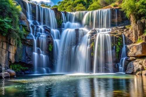 A stunning metallic silver colored waterfall cascading down a rocky cliff into a tranquil pool of water, natural waterfall, water feature, rock formations, serene lake