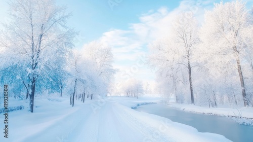 Wallpaper Mural A snow-covered road flanked by frosty trees under a hazy blue sky Torontodigital.ca