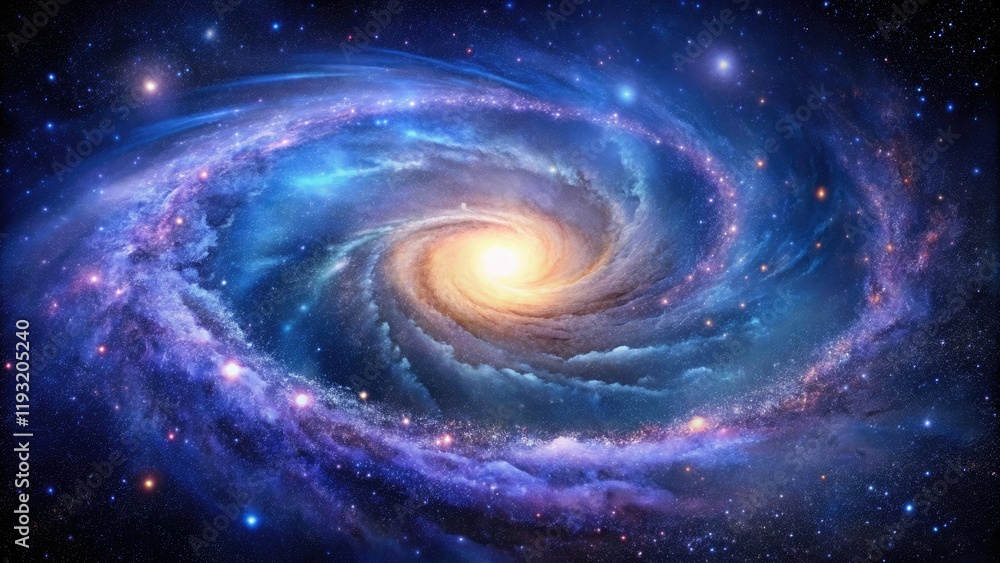 A stunning galaxy with swirling arms of stars and gas in shades of blue and purple, astronomical scene, star clusters A stunning galaxy with swirling arms of stars and gas in shades of blue and purple, astronomical scene, star clusters
