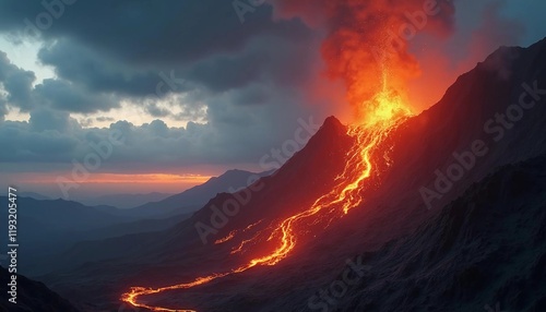 Dramatic Volcanic Eruption at Sunset with Molten Lava Flowing Down the Volcano