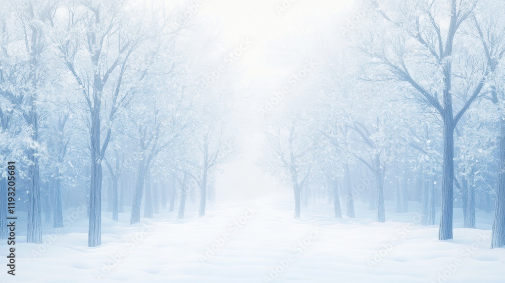 A serene, foggy winter scene with snow-covered trees lining a pathway A serene, foggy winter scene with snow-covered trees lining a pathway
