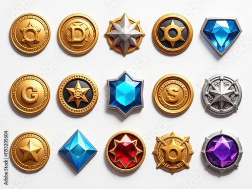 Game Assets 3D Rendered Gold Silver and Gemstone Awards and Badges for UI Design