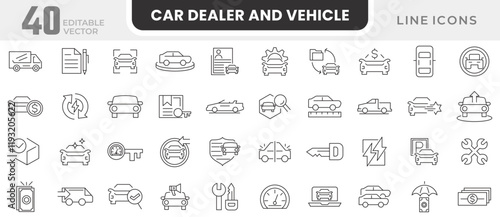 Car dealer, Vehicle and automobile line icon set. stats comparison, dealerships, vehicle, auto, car part, showroom, automobile industry, car service, warranty line icon set. Ui thin line icon pack
