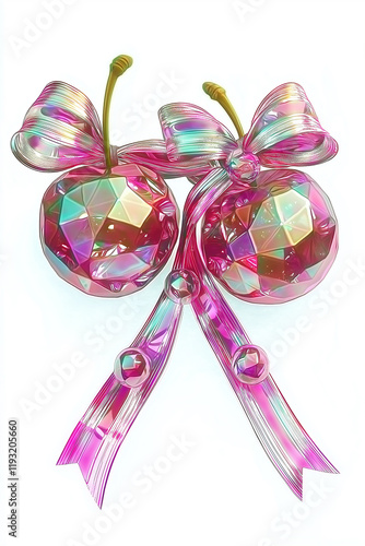 Two pink christmas ornaments with bows and ribbons hanging down