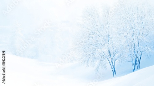 Snow-covered landscape with frosty trees in a cool blue hue