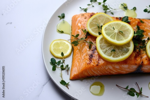 vibrant stock photo of freshly grilled salmon fillet garnished with lemon slices and herbs placed on clean white plate photo