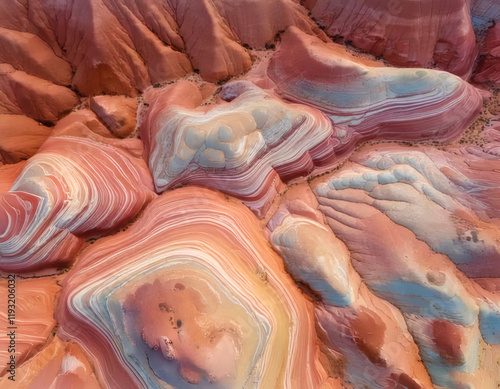A breathtaking aerial photograph showcasing swirling, colorful sandstone formations, characterized by vibrant red and orange hues with smooth, flowing patterns.