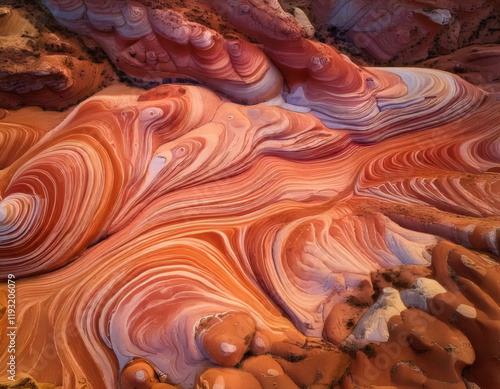 A breathtaking aerial photograph showcasing swirling, colorful sandstone formations, characterized by vibrant red and orange hues with smooth, flowing patterns.