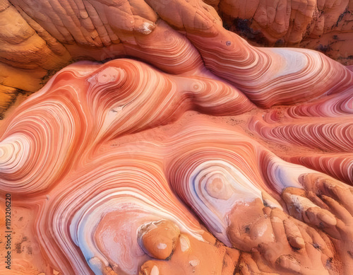 A breathtaking aerial photograph showcasing swirling, colorful sandstone formations, characterized by vibrant red and orange hues with smooth, flowing patterns.