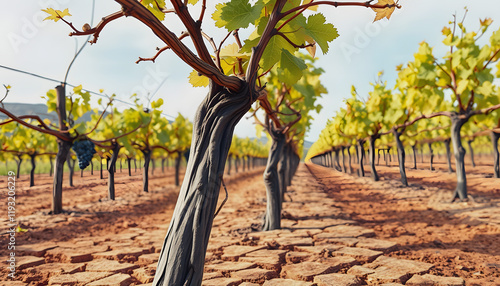 Closeup of parched grapevines in a drought-stricken vineyard plantation, with cracked earth beneath, watercolor illustration, doodle art, with white tones