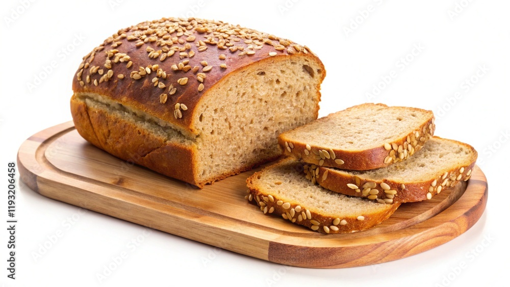 A loaf of whole cereal bread with two slices on a cutting board isolated on a white background
A loaf of whole cereal bread with two slices on a cutting board isolated on a white background