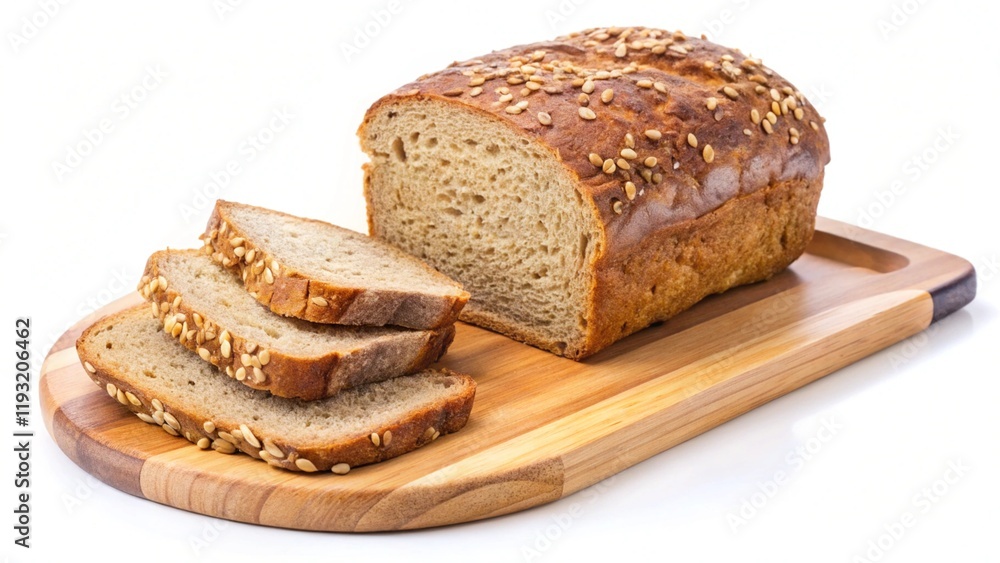 Loaf of whole cereal bread with two slices on cutting board isolated on white background
Loaf of whole cereal bread with two slices on cutting board isolated on white background