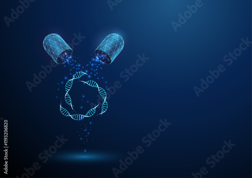 Opened blue medical drug capsule with falling particles on blue DNA. Healthcare medical pharmacy, DNA damage, medical therapy concept.