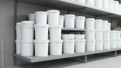 A stack of white plastic buckets with lids are arranged on a gray shelf for organization, organizational systems, workspaces