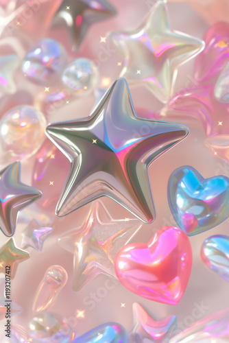 Shiny holographic stars and hearts floating on pink background