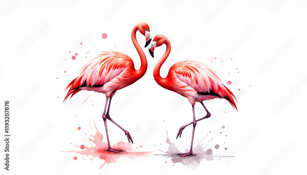 Obraz premium Flamingos dancing in love on white background, artistic expression