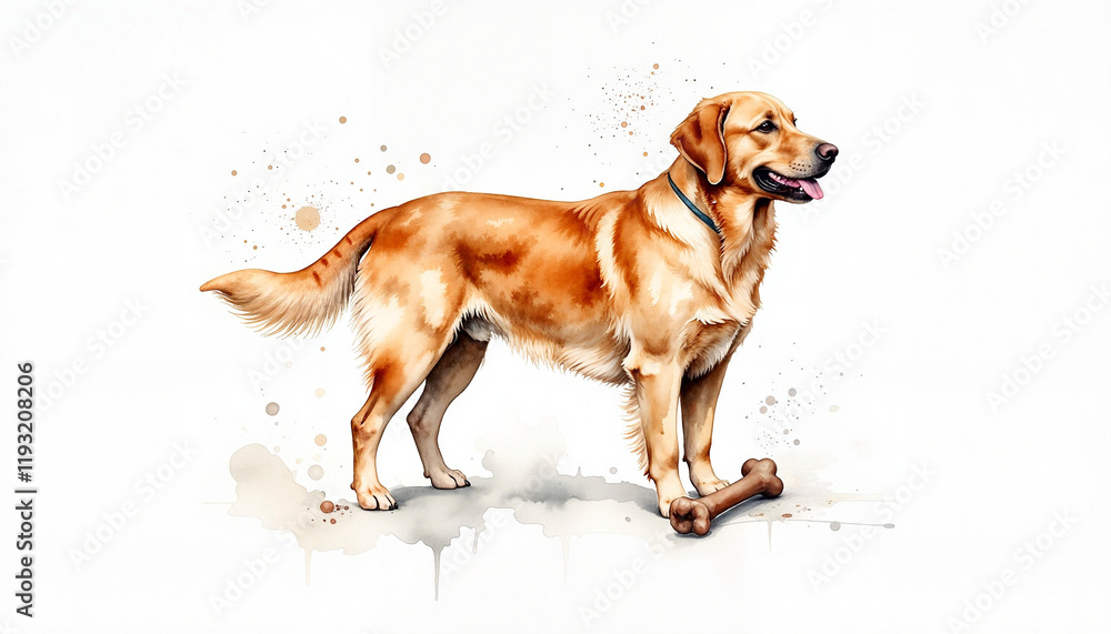 Golden Retriever stands proudly with bone on white background, joyful playfulness Golden Retriever stands proudly with bone on white background, joyful playfulness