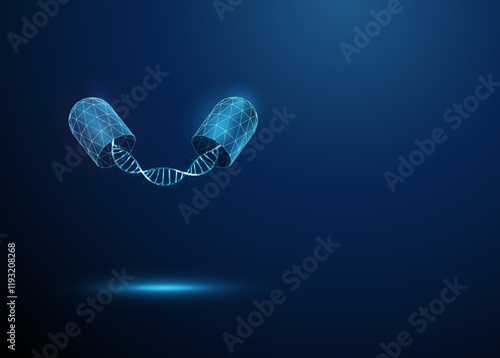 Abstract opened blue medical drug capsule with DNA helix inside. Healthcare medical pharmacy, genetic biotechnology engineering, medical therapy concept.
