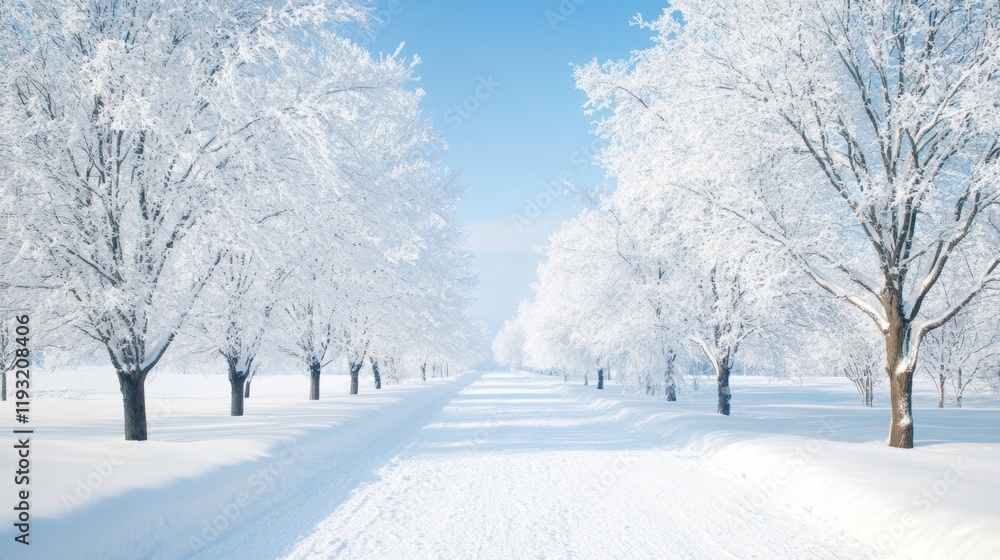 Fototapeta premium A snowy landscape with a pathway lined by frost-covered trees under a clear sky