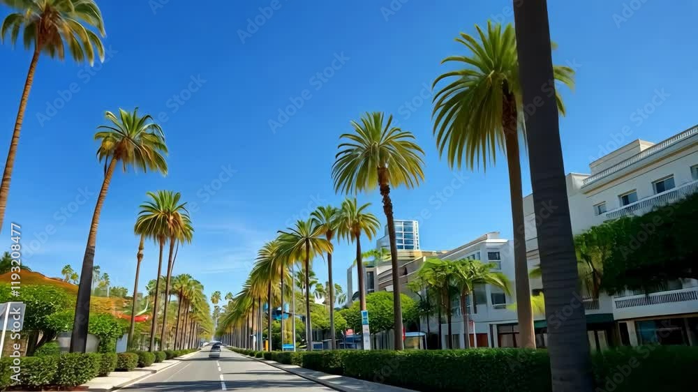 Palm tree lined street under a clear blue sky Palm tree lined street under a clear blue sky