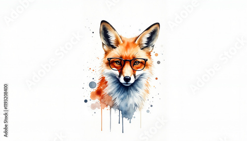 Hipster fox wearing glasses in watercolor style, playful elegance