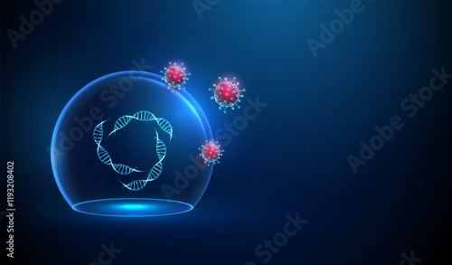 Abstract DNA double helix structures inside a glass dome attacked by red viruses. Medicine protection, dna diseaes and treatment concept. Low poly style