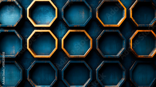 Dark Blue and Gold Octagon Pattern: Abstract Geometric Background Texture photo