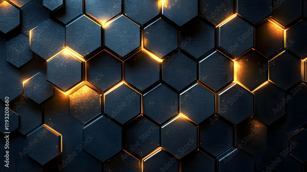 Dark Blue and Black Hexagon Pattern with Glowing Orange Lights Abstract Geometric Background