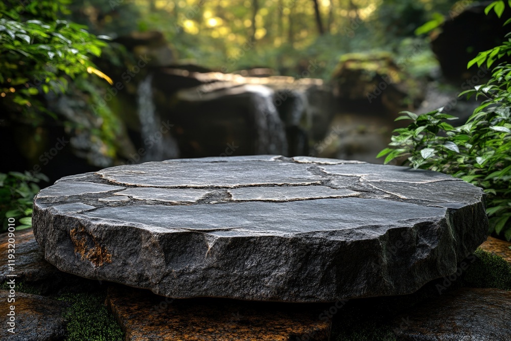 Flat Stone Podium on Rock Platform Surrounded by Lush Green Foliage and Waterfall in a Serene Natural Setting Flat Stone Podium on Rock Platform Surrounded by Lush Green Foliage and Waterfall in a Serene Natural Setting