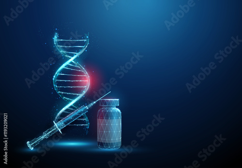 Blue DNA helix with red spot, bottle and syringe. DNA damage, gene editing, genetic mutation, genetic biotechnology engineering, medical therapy concept.