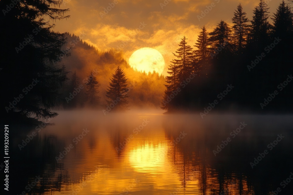 a tranquil sunset casting golden hues over a misty lake, framed by a dark forest silhouette. the serene landscape evokes a sense of peace and reflection a tranquil sunset casting golden hues over a misty lake, framed by a dark forest silhouette. the serene landscape evokes a sense of peace and reflection