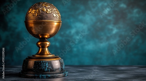 Ornate bronze egg trophy on dark marble base against teal background. photo