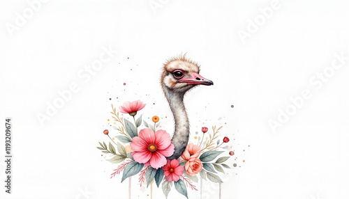 Ostrich surrounded by vibrant flowers on white background, artistic expression photo