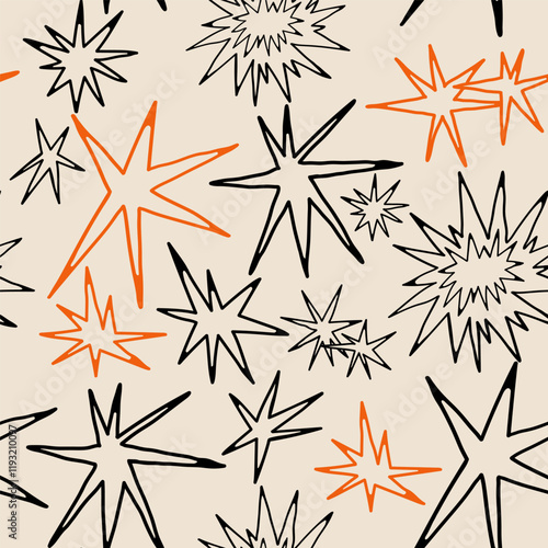 Abstract quirky Stars. Different unique shapes, doodles. Contemporary trendy style. Hand drawn modern Vector illustration. Square seamless Pattern, background, wallpaper