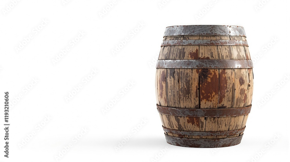 Aged wooden wine barrel with rusty iron bands, rustic, vintage, aged Aged wooden wine barrel with rusty iron bands, rustic, vintage, aged
