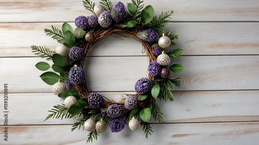 A charming wreath made of purple flowers and white eggs hangs against a rustic wooden backdrop, perfect for spring decor A charming wreath made of purple flowers and white eggs hangs against a rustic wooden backdrop, perfect for spring decor