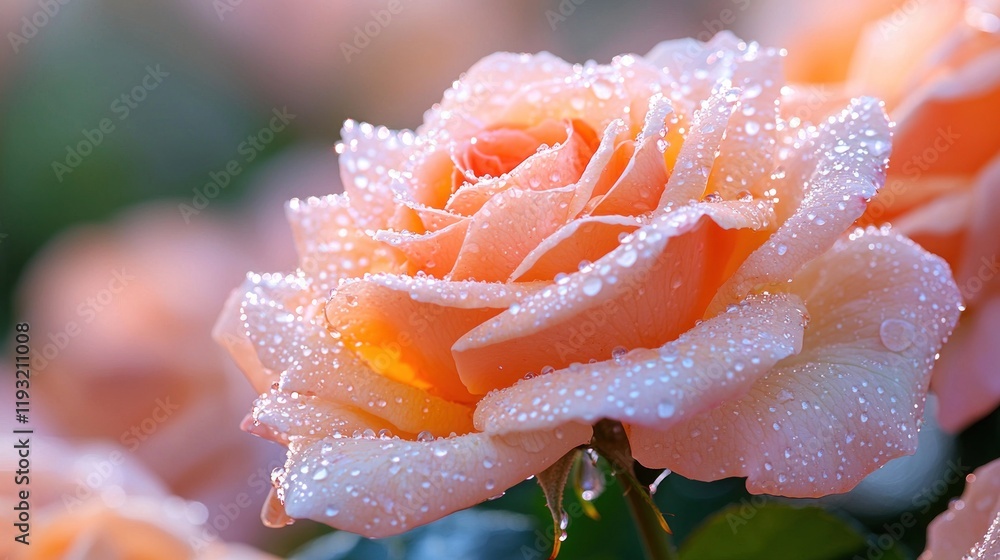 Dewy peach rose with droplets glowing in soft morning light on blurred floral background Dewy peach rose with droplets glowing in soft morning light on blurred floral background