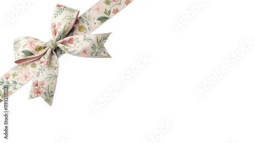 A pastel-colored floral bow tied on a ribbon with a spring-inspired design, placed diagonally on a white background, offering ample copy space for text or branding.