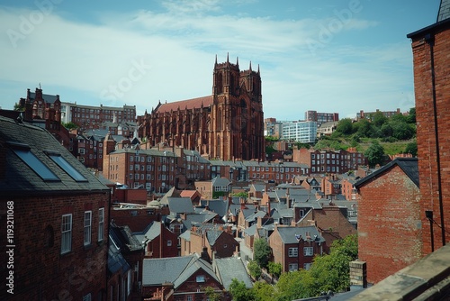 Aerial shots of Lincoln Cathedral, situated in the bustling center of Lincoln, East Midlands, on a bright and sunny summer day, showcasing the iconic Cathedral Church in the heart of the British city photo