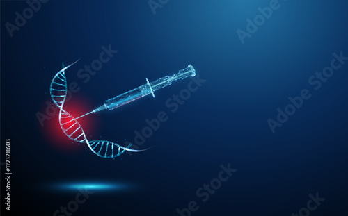 Blue DNA molecule helixes swirled in circle with red spot and syringe injections. Genetic engineering, treatment of genetic diseases