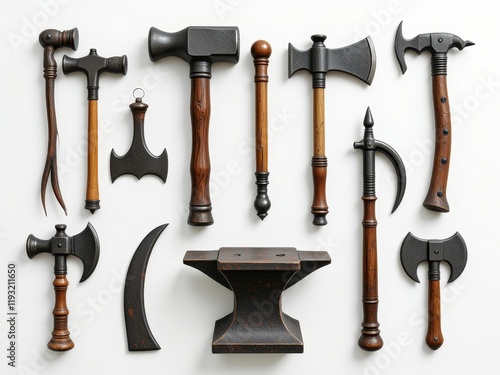 Collection of Medieval Forged Weapons and Tools Anvil Hammers Axes Sickle