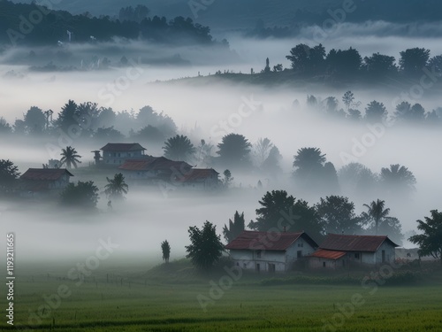 Foggy Morning Scene in Serene Villages