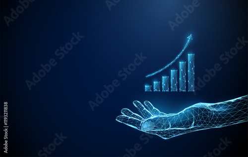 Abstract giving hand with growing chart. Low poly style design. Bussines strategy, trading, financional concept. Low poly wireframe style.