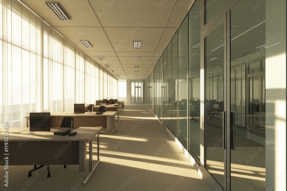 Obraz premium Sunlit modern office corridor with glass walls and desks.