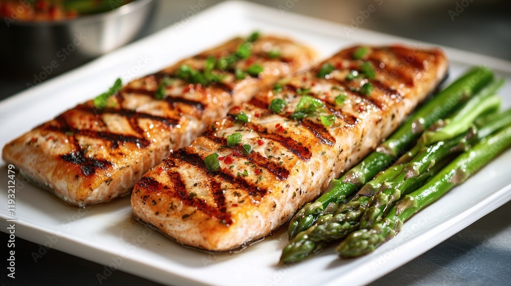 elegant photo of grilled trout served with side of asparagus placed on sleek white plate with ample copy space elegant photo of grilled trout served with side of asparagus placed on sleek white plate with ample copy space