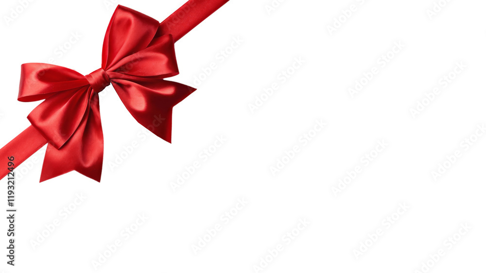 A vibrant red ribbon tied into a classic bow placed diagonally on a white background, offering ample copy space for text or designs. A vibrant red ribbon tied into a classic bow placed diagonally on a white background, offering ample copy space for text or designs.