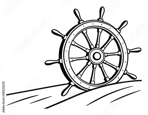detailed black and white ship steering wheel illustration, nautical helm drawing, vintage maritime navigation symbol, hand-drawn boat wheel, classic sailor's helm, marine steering wheel clipart